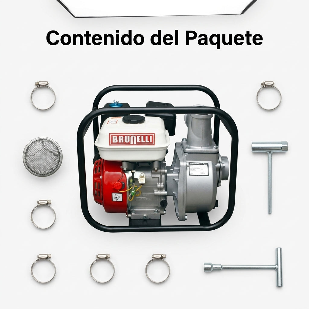 Gasoline-powered water pump — Contenido del Paquete - Vista Aerea | Generated by Modelize