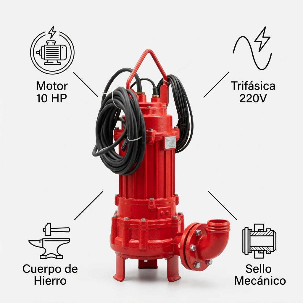 Industrial submersible drainage pump — Infografia de Caracteristicas | Generated by Modelize
