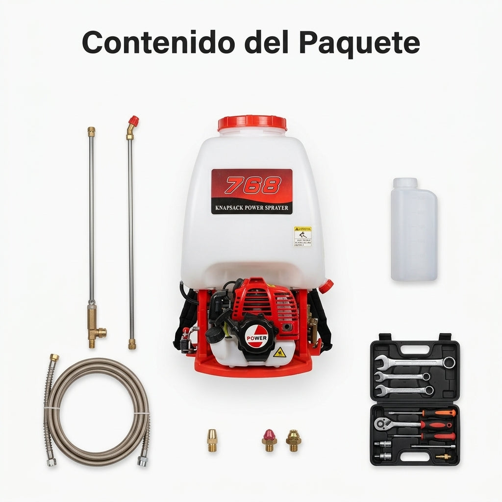 Gasoline backpack power sprayer — Contenido del Paquete - Vista Aerea | Generated by Modelize