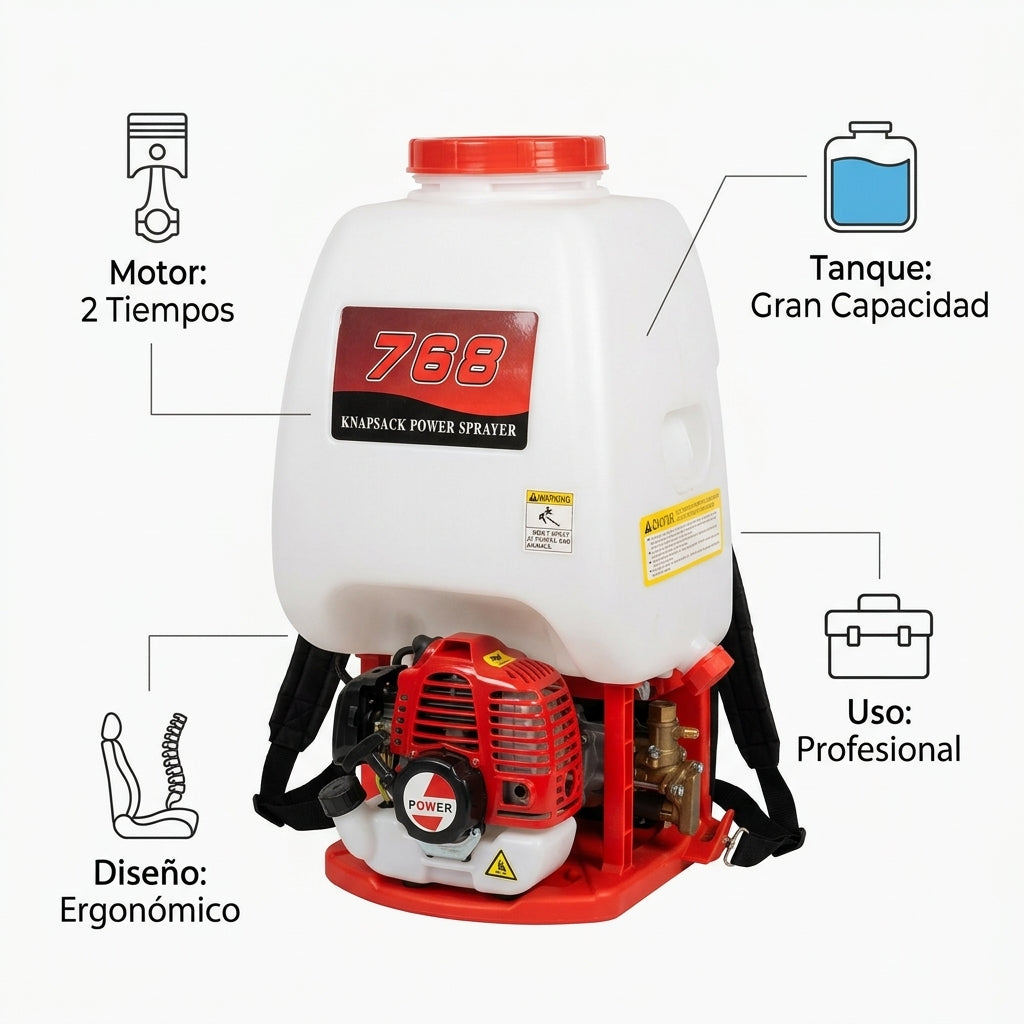 Gasoline knapsack power sprayer — Infografia de Caracteristicas | Generated by Modelize