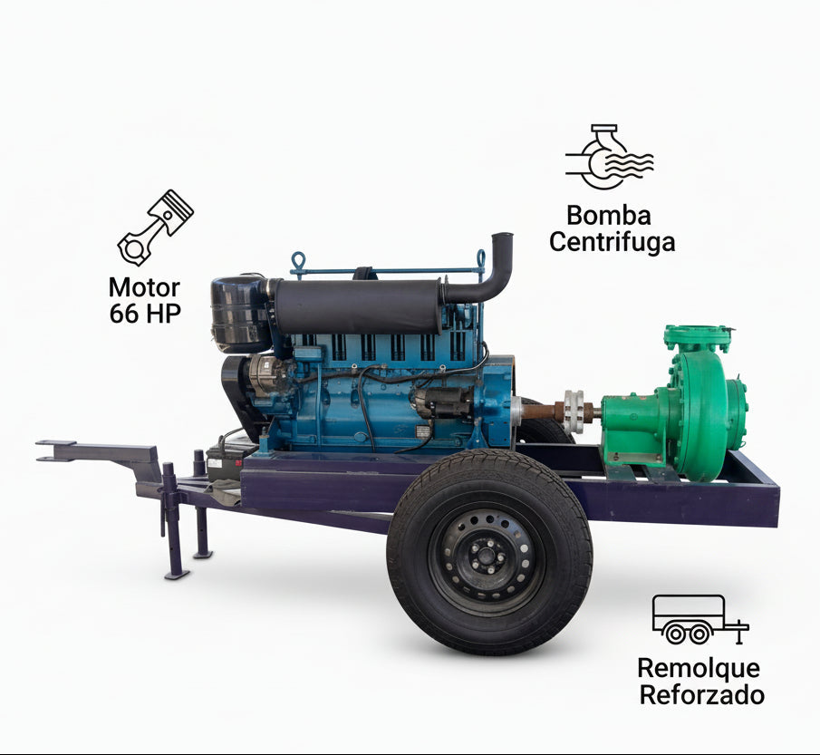 Industrial diesel-powered centrifugal trailer pump — Infografia de Caracteristicas | Generated by Modelize