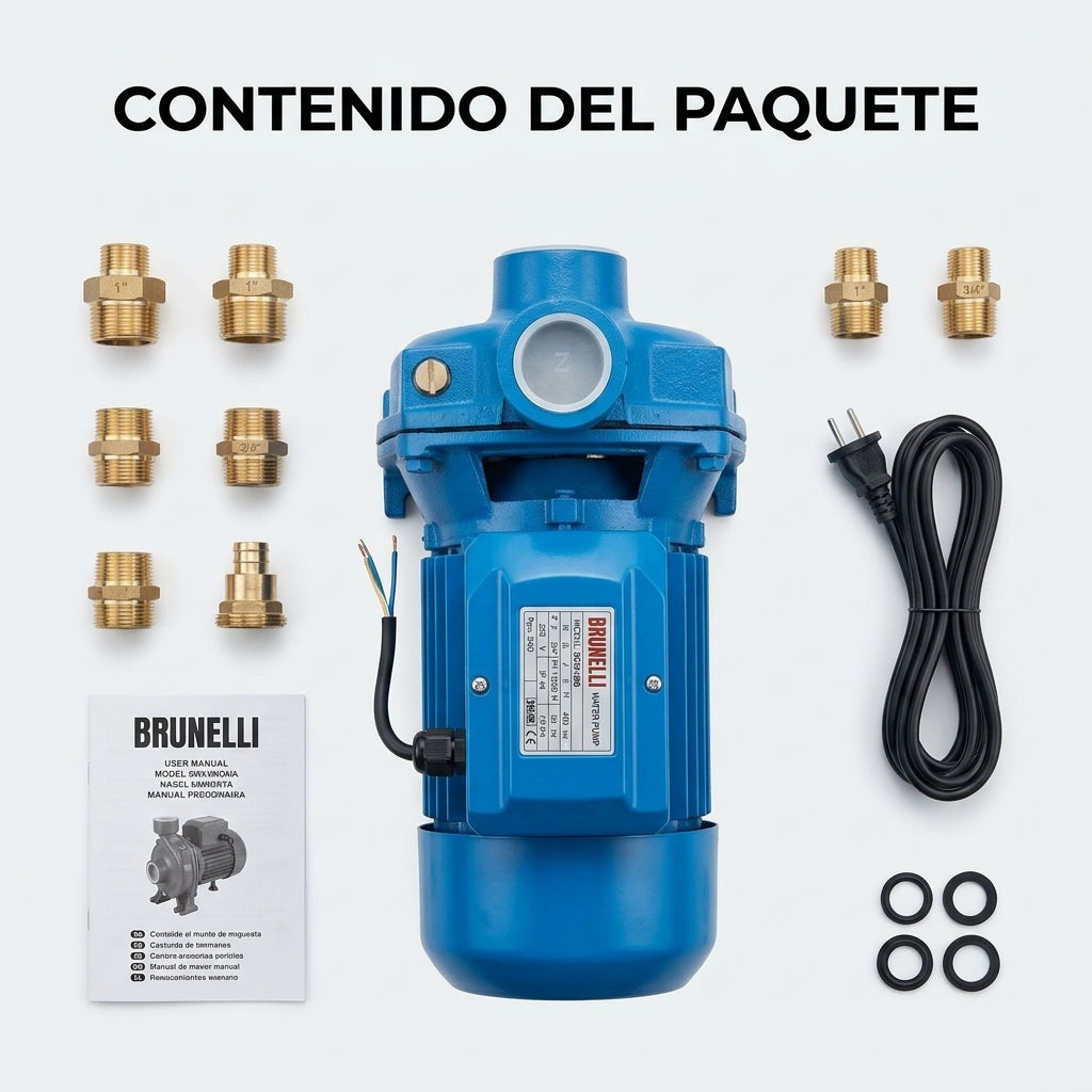 Electric centrifugal water pump — Contenido del Paquete - Vista Aerea | Generated by Modelize