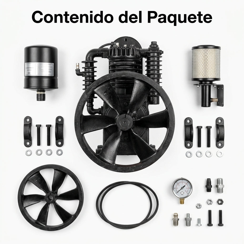 Two-stage air compressor pump head — Contenido del Paquete - Vista Aerea | Generated by Modelize
