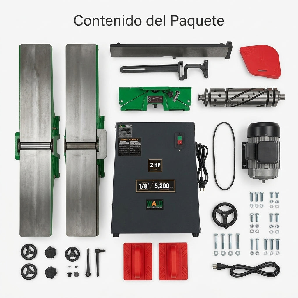 Industrial 8-inch woodworking jointer — Contenido del Paquete - Vista Aerea | Generated by Modelize