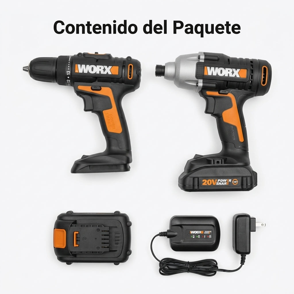Cordless drill and impact driver combo kit — Contenido del Paquete - Vista Aerea | Generated by Modelize