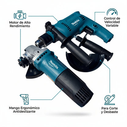 Power tool combo kit (Drill and Angle Grinder) — Infografia de Caracteristicas | Generated by Modelize