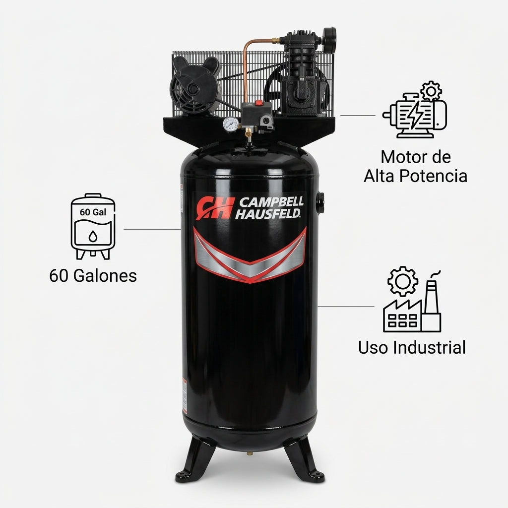 Vertical stationary air compressor — Infografia de Caracteristicas | Generated by Modelize