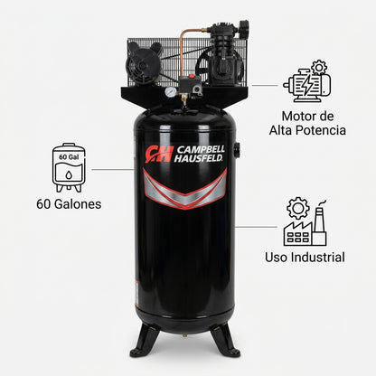 Vertical stationary air compressor — Infografia de Caracteristicas | Generated by Modelize