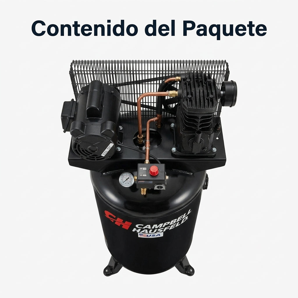 Vertical stationary air compressor — Contenido del Paquete - Vista Aerea | Generated by Modelize
