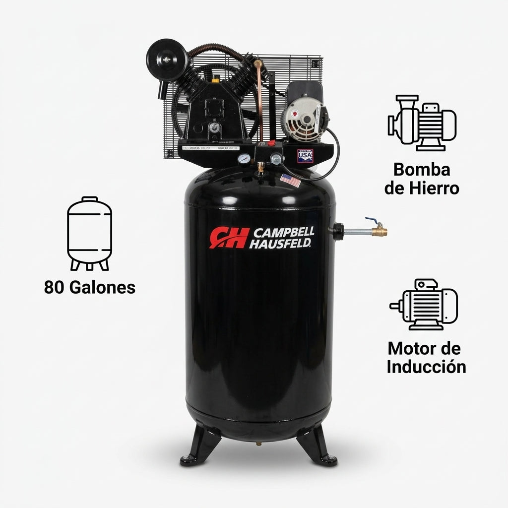 Stationary Vertical Air Compressor — Infografia de Caracteristicas | Generated by Modelize