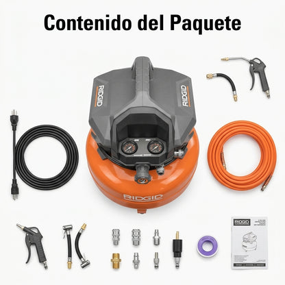 Pancake Air Compressor — Contenido del Paquete - Vista Aerea | Generated by Modelize