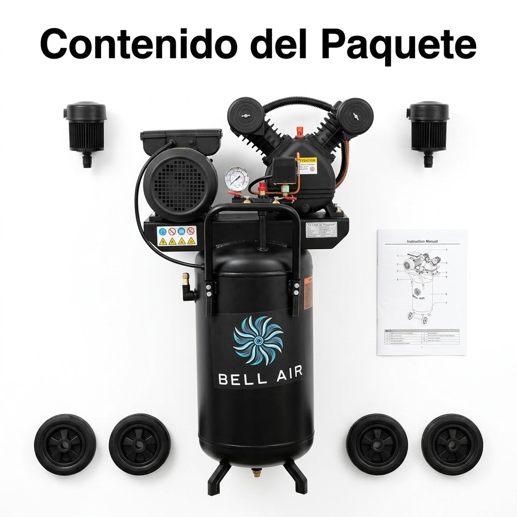 Vertical 20-gallon air compressor — Contenido del Paquete - Vista Aerea | Generated by Modelize