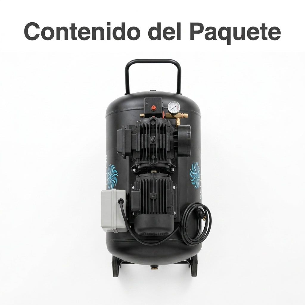Vertical Air Compressor — Contenido del Paquete - Vista Aerea | Generated by Modelize