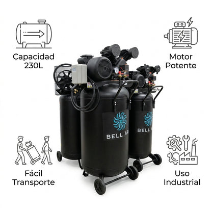 Vertical Industrial Air Compressor — Infografia de Caracteristicas | Generated by Modelize
