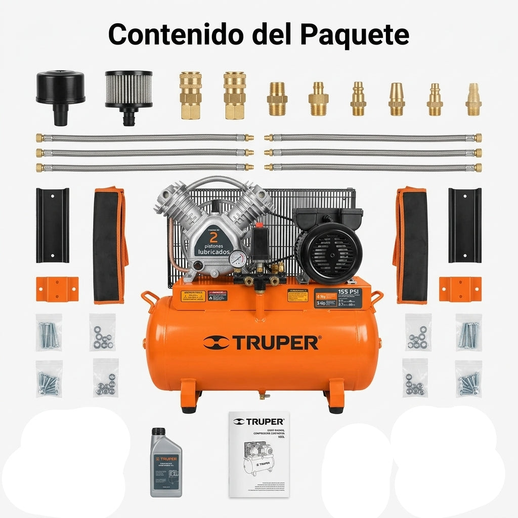 Vertical belt-driven air compressor — Contenido del Paquete - Vista Aerea | Generated by Modelize