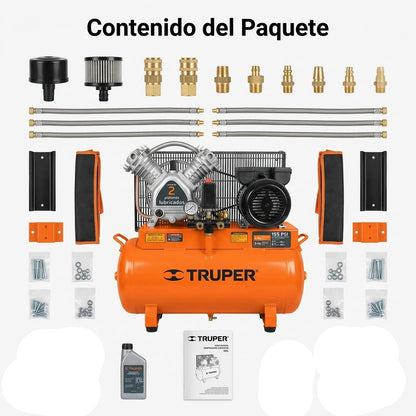 Vertical belt-driven air compressor — Contenido del Paquete - Vista Aerea | Generated by Modelize
