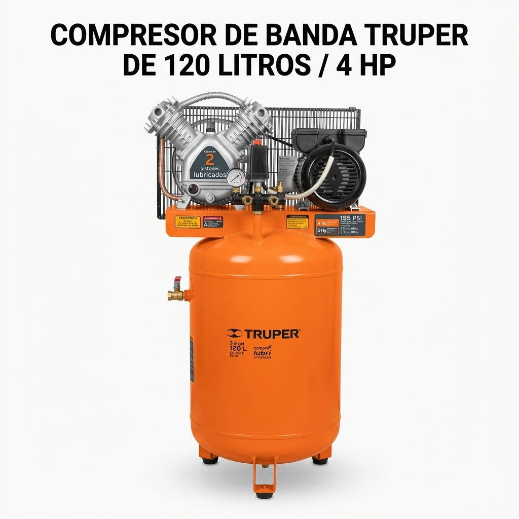 Belt-driven vertical air compressor — Portada Principal - Estudio Blanco | Generated by Modelize