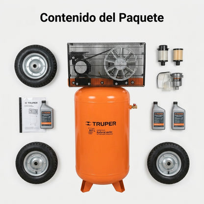 Belt-driven vertical air compressor — Contenido del Paquete - Vista Aerea | Generated by Modelize