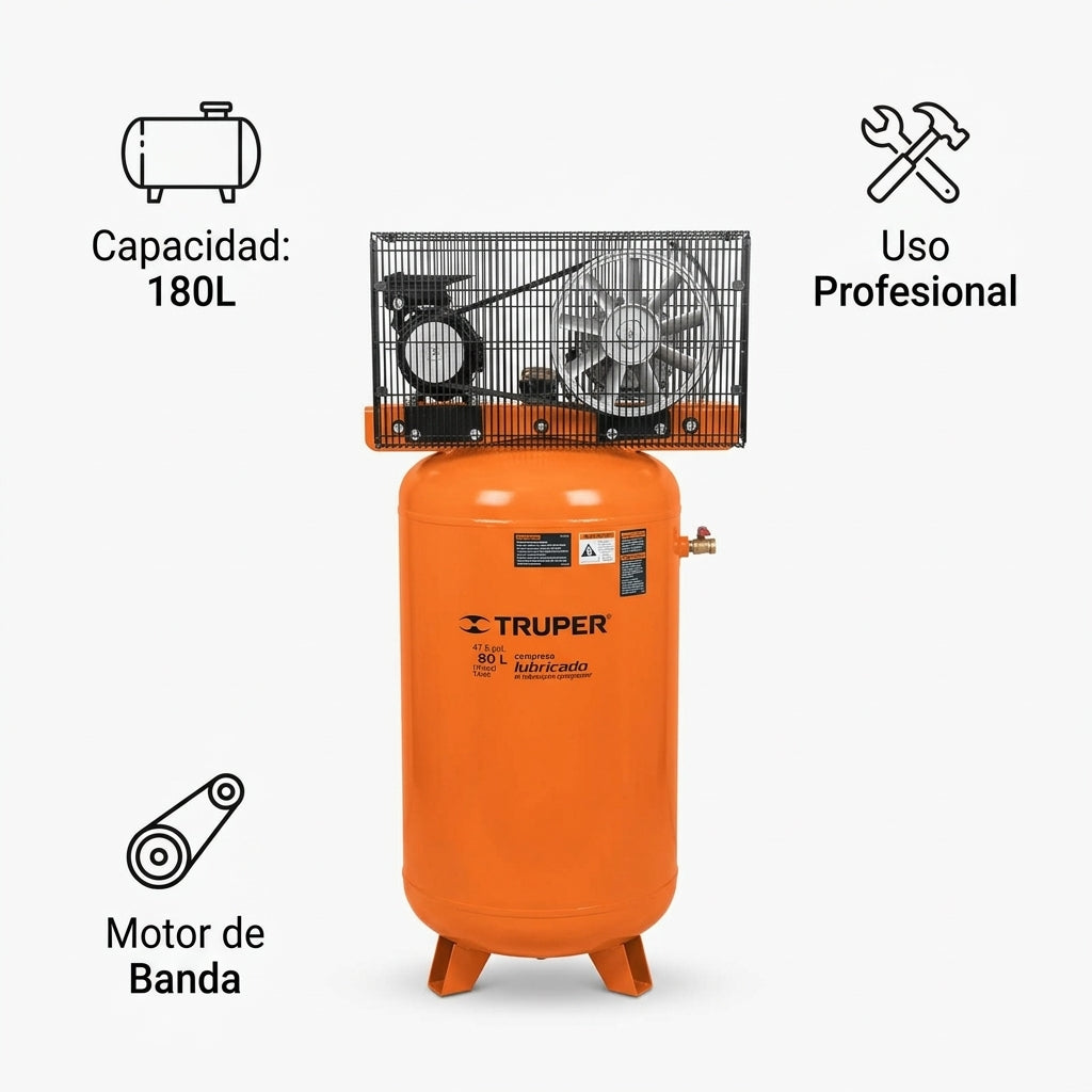 Vertical belt-driven air compressor — Infografia de Caracteristicas | Generated by Modelize