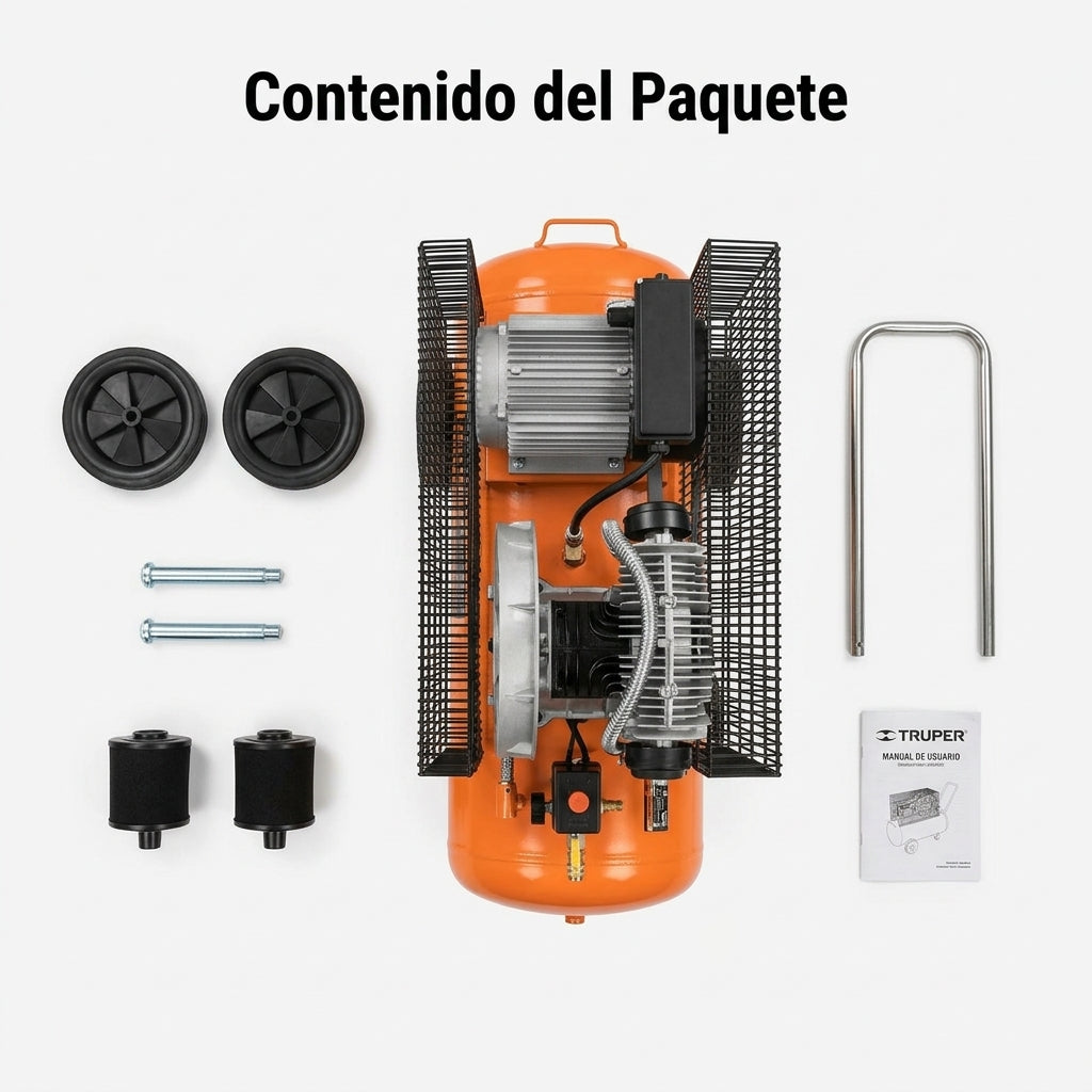 Belt-driven air compressor — Contenido del Paquete - Vista Aerea | Generated by Modelize