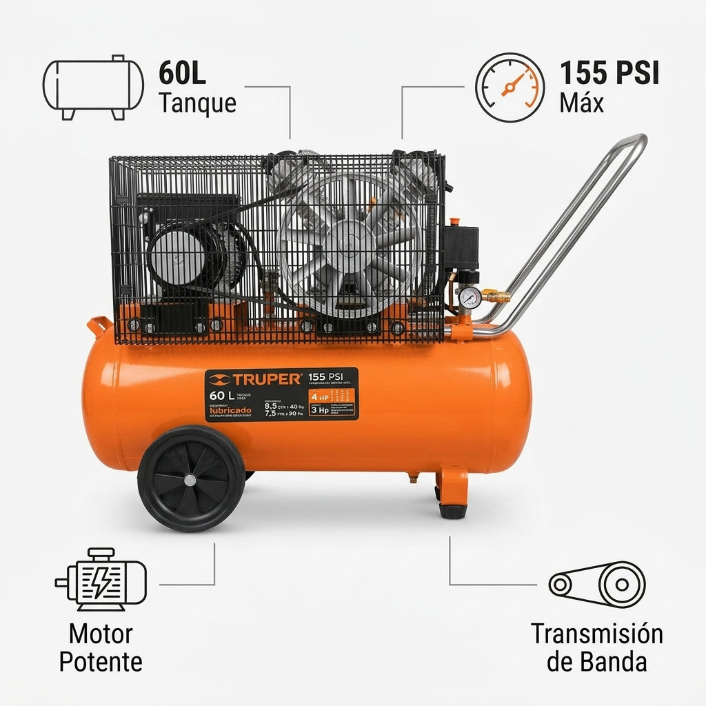 Belt-driven air compressor — Infografia de Caracteristicas | Generated by Modelize