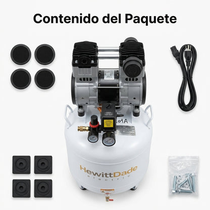 Silent dental air compressor — Contenido del Paquete - Vista Aerea | Generated by Modelize