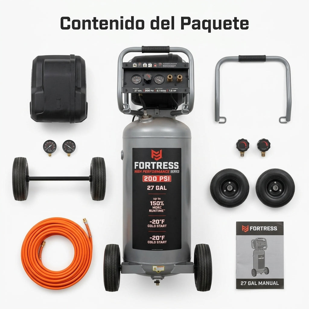 Vertical Air Compressor — Contenido del Paquete - Vista Aerea | Generated by Modelize