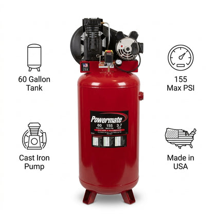 Stationary Vertical Air Compressor — Infografia de Caracteristicas | Generated by Modelize