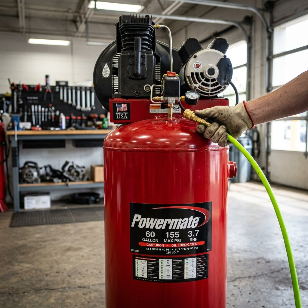 Industrial vertical air compressor — Estilo de Vida - Producto en Uso | Generated by Modelize