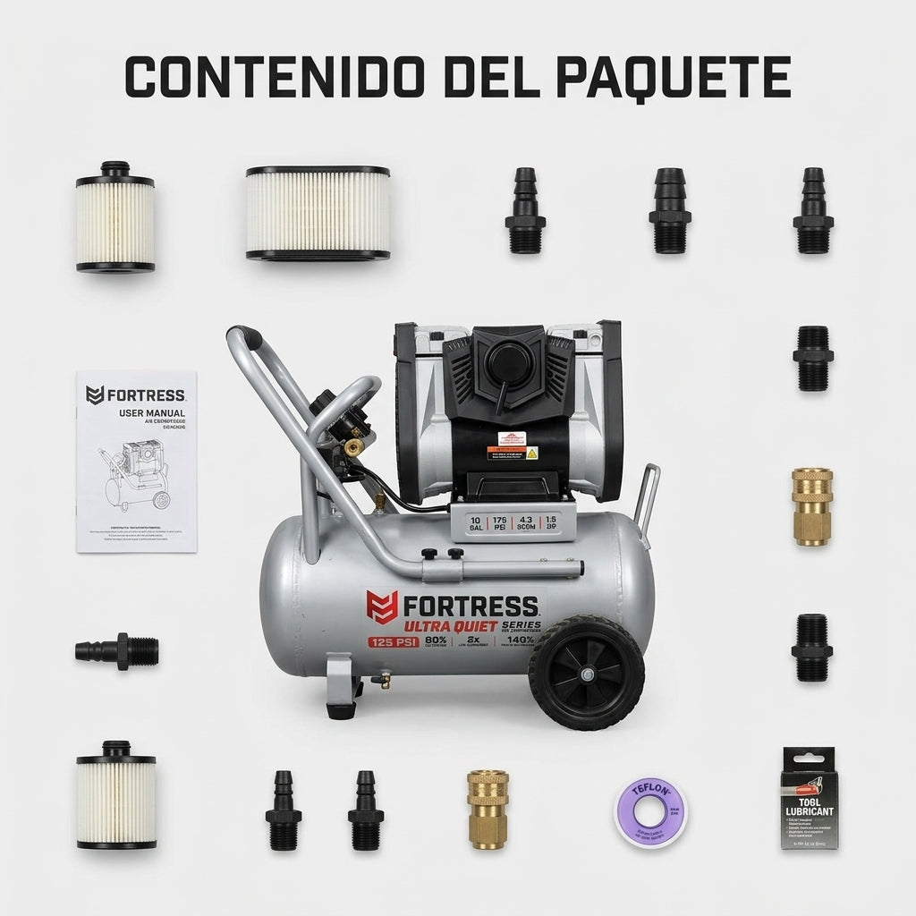 Portable silent air compressor — Contenido del Paquete - Vista Aerea | Generated by Modelize