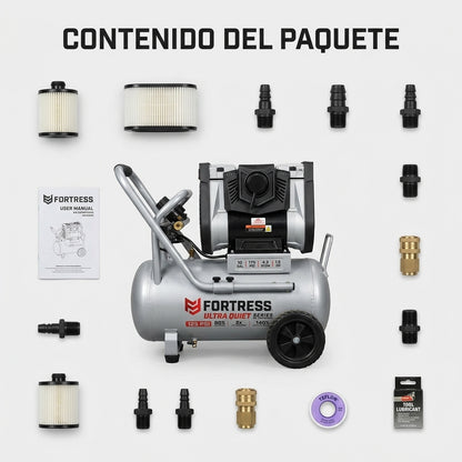 Portable silent air compressor — Contenido del Paquete - Vista Aerea | Generated by Modelize