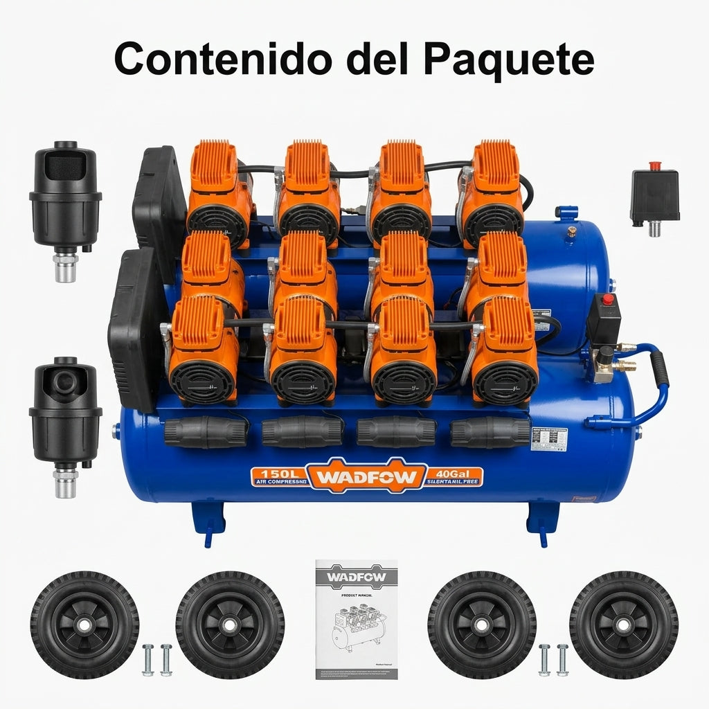 Industrial Silent Air Compressor — Contenido del Paquete - Vista Aerea | Generated by Modelize