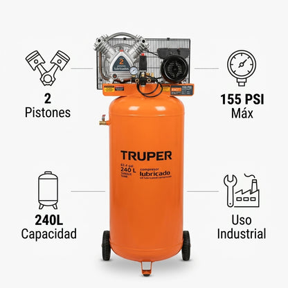 Vertical stationary air compressor — Infografia de Caracteristicas | Generated by Modelize