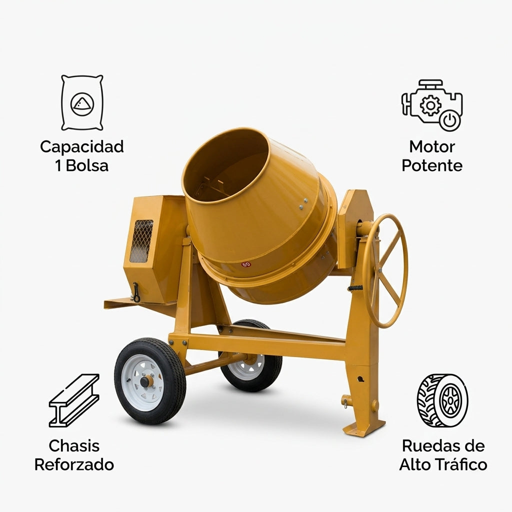 Heavy-duty concrete mixer — Infografia de Caracteristicas | Generated by Modelize