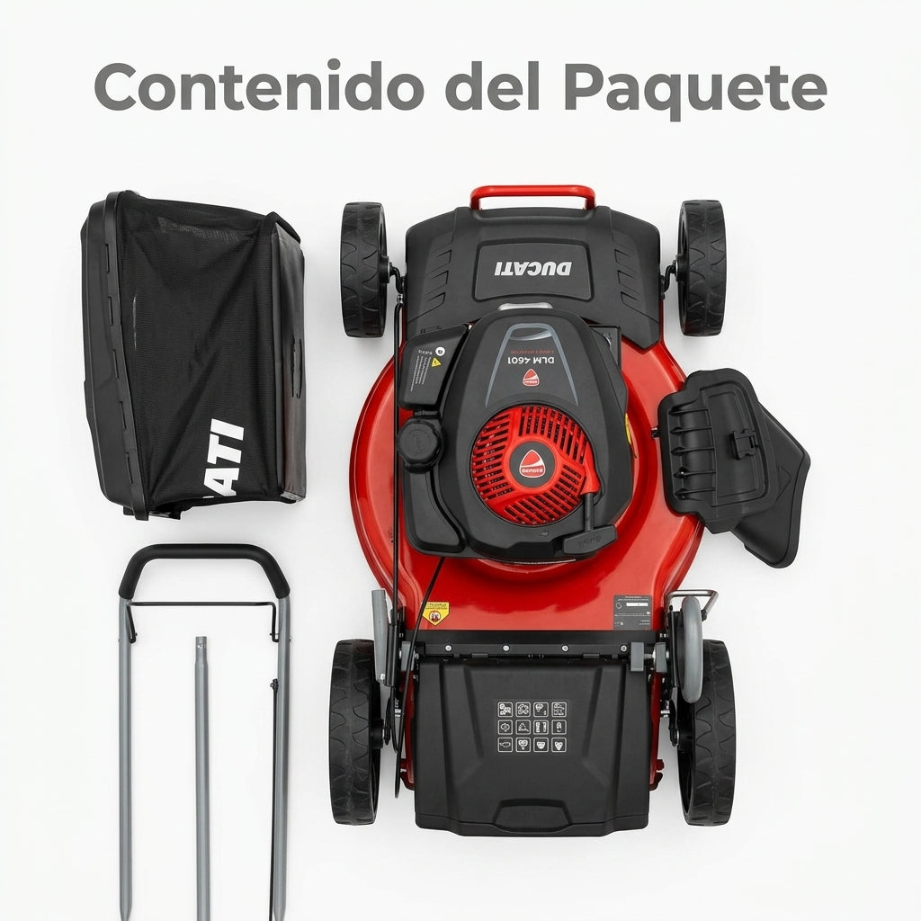 Gas-powered self-propelled lawn mower — Contenido del Paquete - Vista Aerea | Generated by Modelize