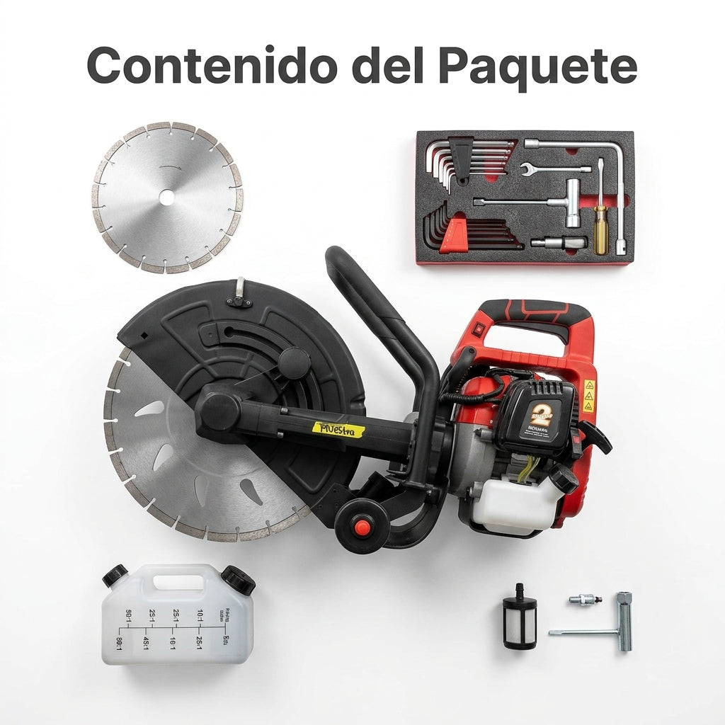 Gas-powered concrete cut-off saw — Contenido del Paquete - Vista Aerea | Generated by Modelize