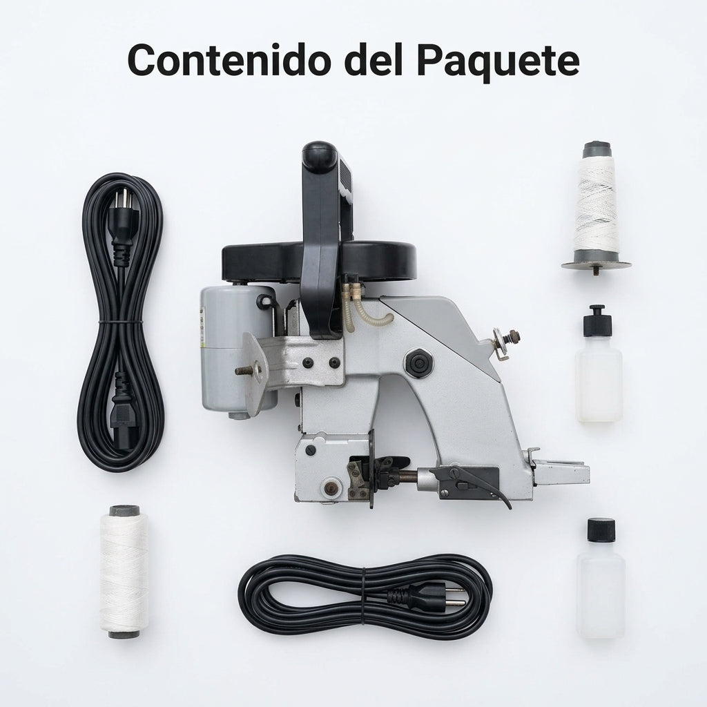Portable industrial bag closer machine — Contenido del Paquete - Vista Aerea | Generated by Modelize