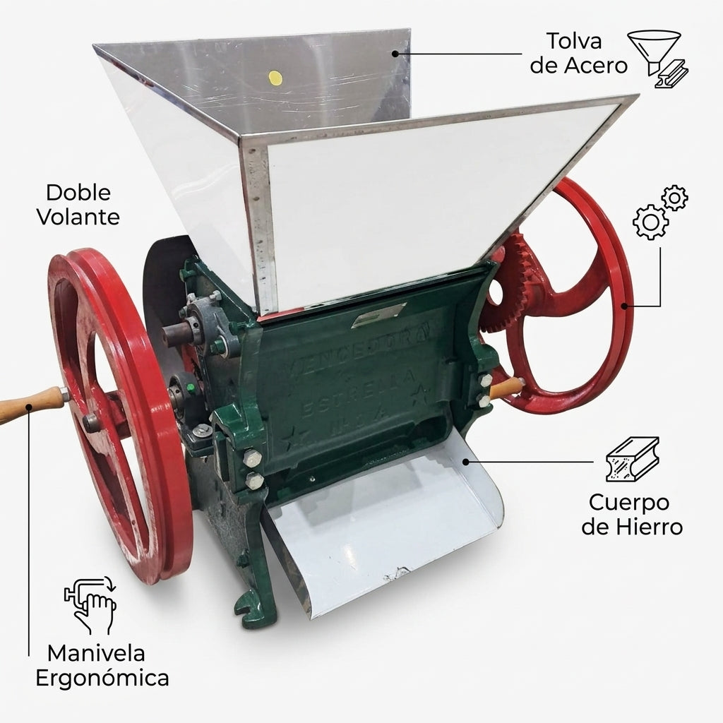 Manual coffee pulper — Infografia de Caracteristicas | Generated by Modelize