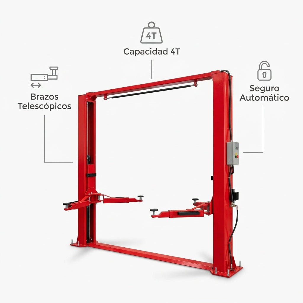 Two-post hydraulic car lift — Infografia de Caracteristicas | Generated by Modelize