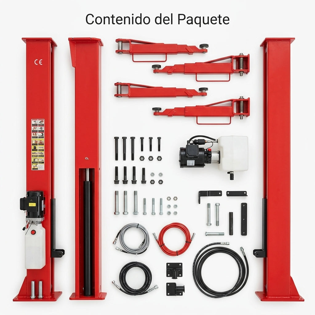 Two-post hydraulic vehicle lift — Contenido del Paquete - Vista Aerea | Generated by Modelize