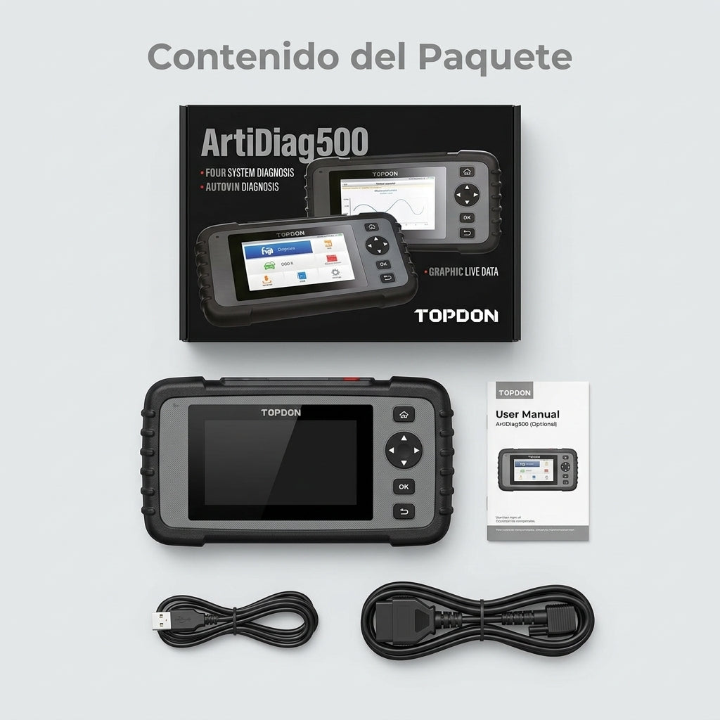 Automotive Diagnostic Scanner — Contenido del Paquete - Vista Aerea | Generated by Modelize