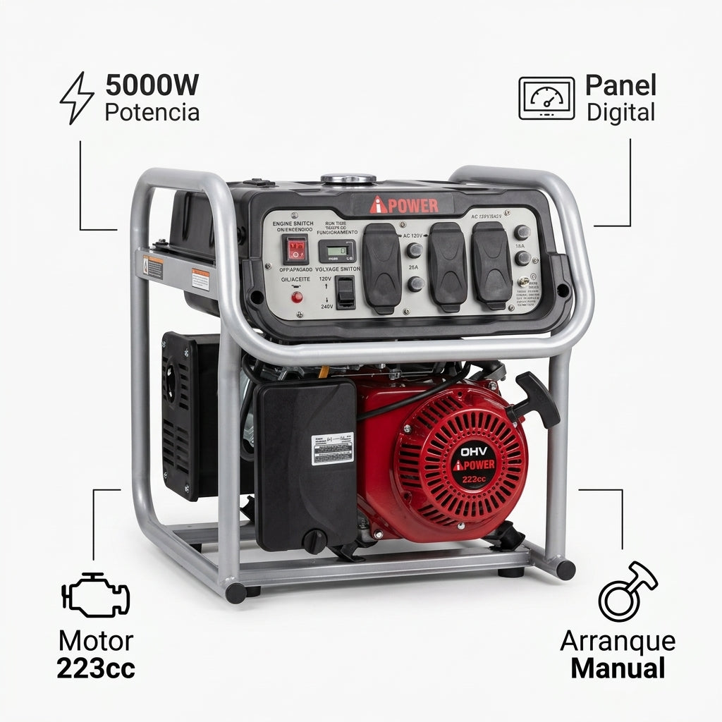 Portable gasoline generator — Infografia de Caracteristicas | Generated by Modelize