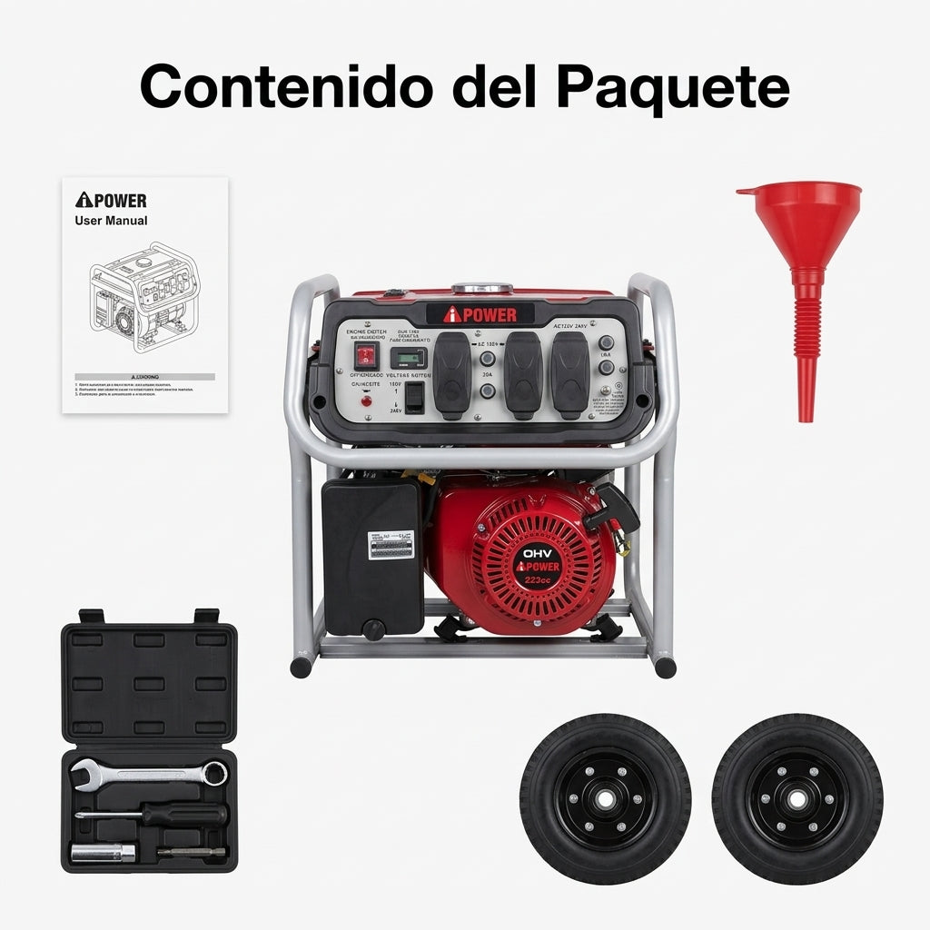 Portable electric generator — Contenido del Paquete - Vista Aerea | Generated by Modelize