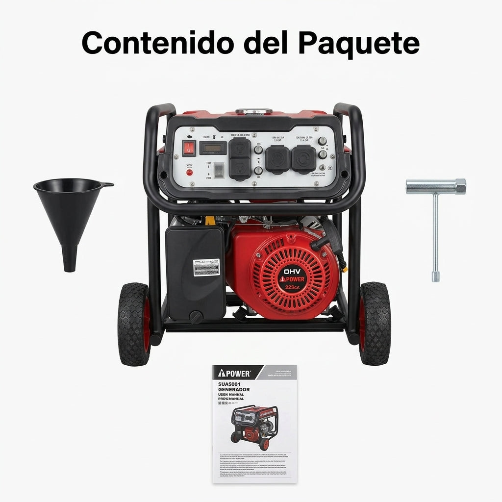 Portable gasoline generator — Contenido del Paquete - Vista Aerea | Generated by Modelize
