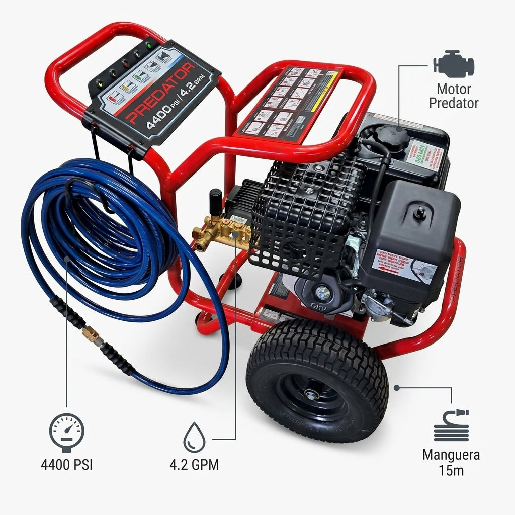 Gas-powered pressure washer — Infografia de Caracteristicas | Generated by Modelize