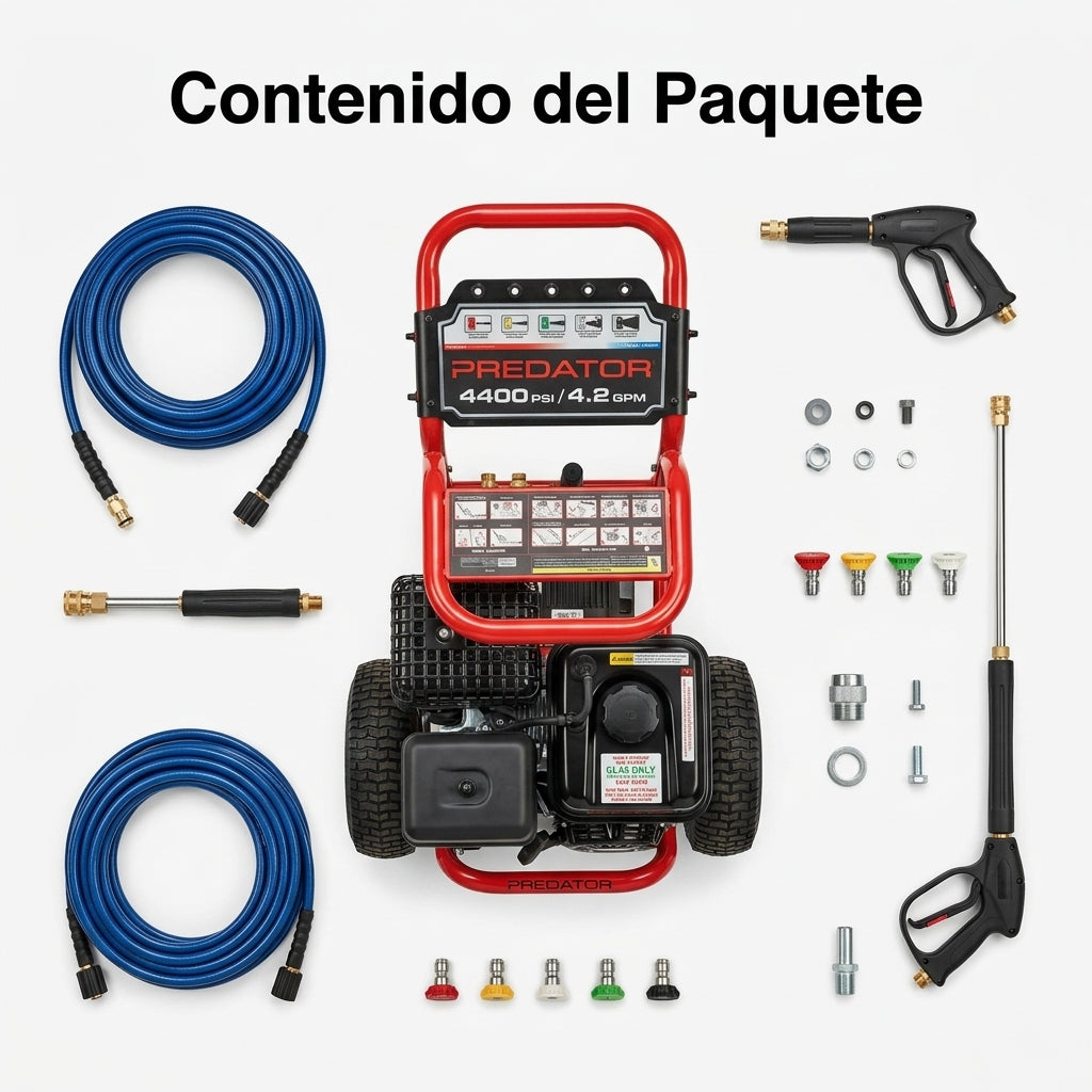 Gas-powered pressure washer — Contenido del Paquete - Vista Aerea | Generated by Modelize