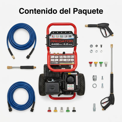 Gas-powered pressure washer — Contenido del Paquete - Vista Aerea | Generated by Modelize