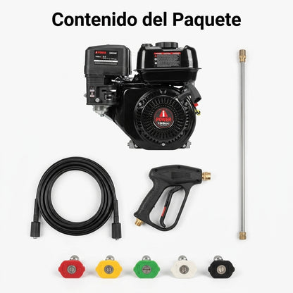 Gas-powered high-pressure washer — Contenido del Paquete - Vista Aerea | Generated by Modelize
