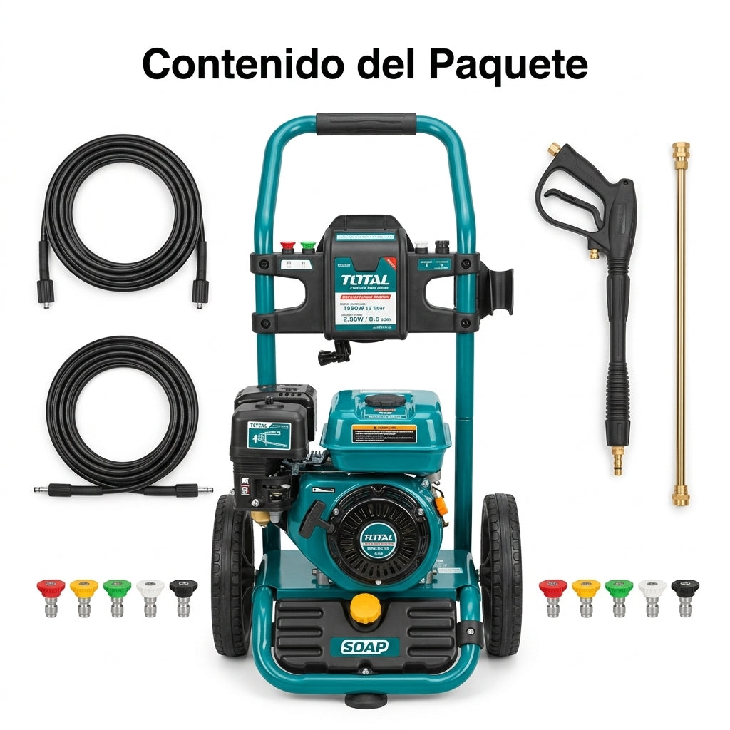 Gasoline-powered high-pressure washer — Contenido del Paquete - Vista Aerea | Generated by Modelize
