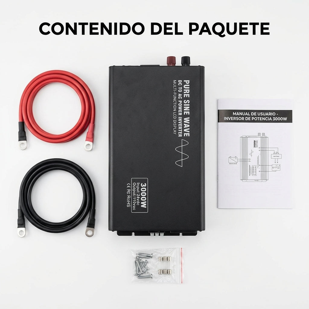 Pure Sine Wave Power Inverter — Contenido del Paquete - Vista Aerea | Generated by Modelize
